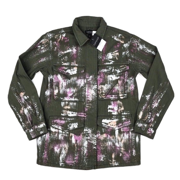 TOPSHOP $95 Button Paint Splatter Military Jacket - Picture 1 of 5